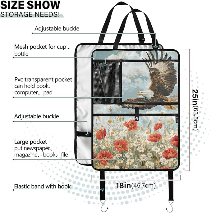 Blue Eagle Poppy and Daisy Flowers 1 Pack Backseat Car Organizer with Storage Pockets Seat Back Organizers for Kids Kick Mats Backseat Protector Automotive
