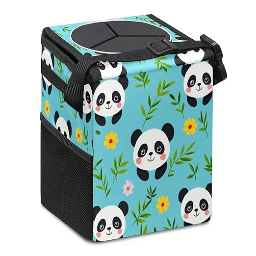 Car Trash Can with Lid, Small Portable Hanging Automotive Garbage Bin for Vehicles, Leakproof Waste Bag Container for SUV Truck Van Interior Auto Travel Road Trips(Panda and Bamboo Leaves)