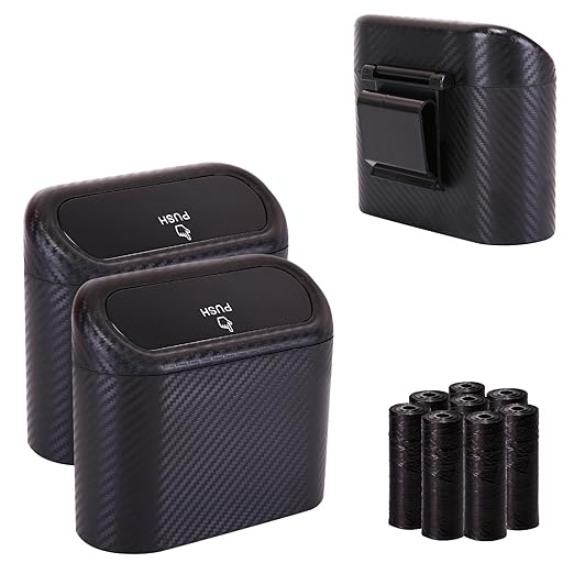 Ginsco Mini Car Trash Can with Lid, Small Car Garbage Can, Cute Leakproof ABS Car Trash Bin, Car Accessories for Interior, Garbage Bin for Car, Home, Office with 120pcs Trash Bags Carbon Fibre