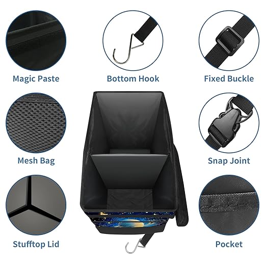 Car Trash Can with Lid, Portable Hanging Automotive Garbage Bin for Vehicles, Leakproof Waste Bag Container for SUV Truck Van Interior Auto Travel Road Trips(Planets)