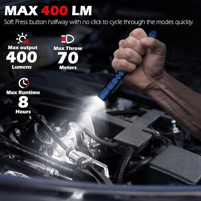 FORTO Rechargeable Pen Light Flashlight, 400 Lumens Small Pocket Flashlight with Clip, IP67 Waterproof, 2 Light Modes, 3-Color Battery Indicator, Type-C Charging, for Inspection,Emergency (Blue)