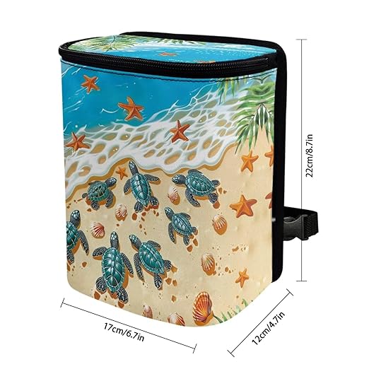 Beach Sea Turtle Car Trash Can with Lid Car Garage Bag Automotive Garbage Can Reusable Auto Accessories Interior Car Organizer with Adjustable Straps