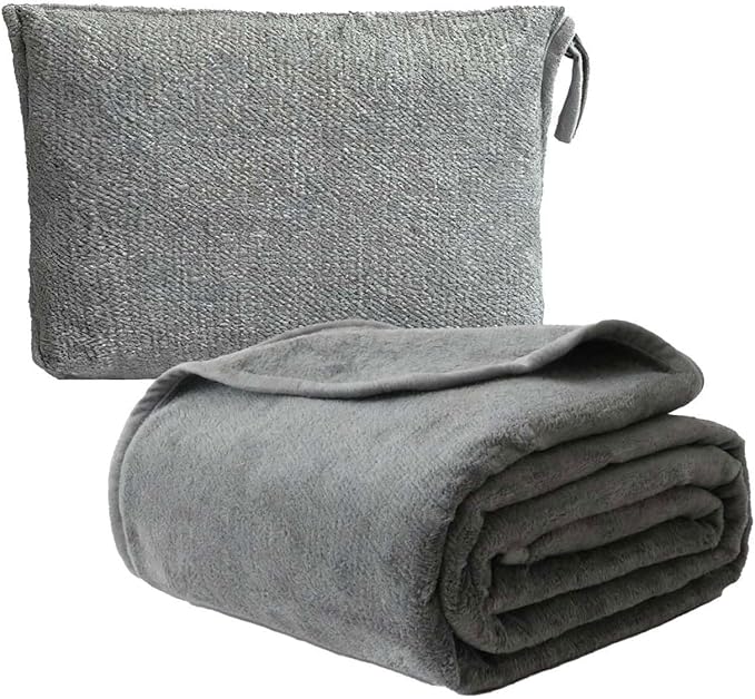 Travel Blanket and Pillow - Premium Soft 2 in 1 Airplane Compact with Soft Bag Pillowcase, Plane Blanket Compact Packable, Travel Essentials Accessories for Plane and Car, 60x80 Grey