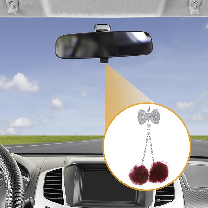 1 Pcs Artificial Crystal Bow,Mink Hair Car Rear View Mirror Pendant Accessories Car Hanging Ornament Wine Red