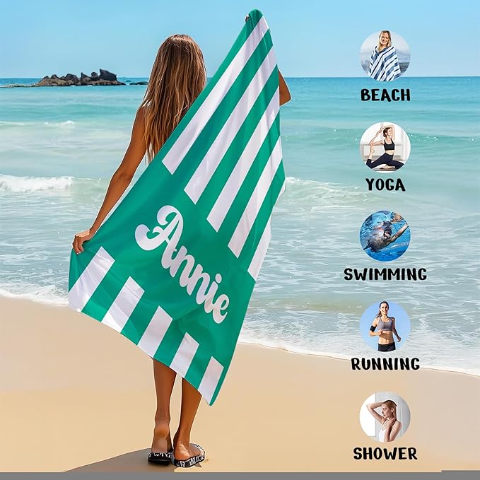 JML Personalized Beach Towel with Name, Custom Cabana Stripe Beach Towel, Customized Microfiber Pool Towel, Quick Dry & Absorbent Swim Towel for Adult,Mother's Day, Birthday, Summer Holiday,Vacation