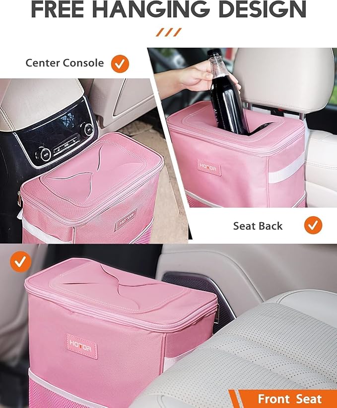 HOTOR 3 Gallons Car Trash Can, Ultra Large Capacity Organizer and Storage with Adjustable Straps & Magnetic Snaps, Waterproof Car Accessory for Interior Car Stuff Storage, Pink
