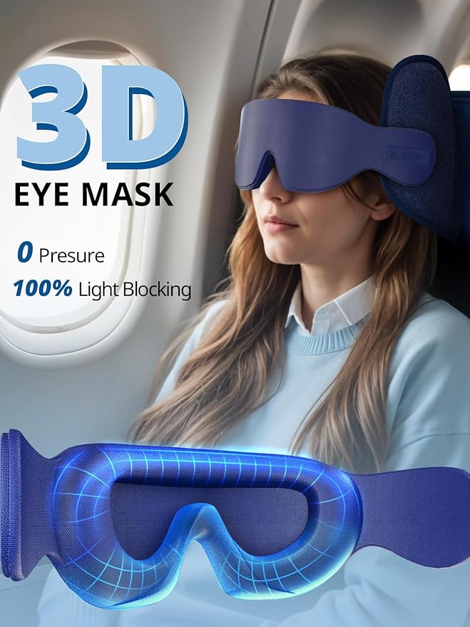 Travel Pillows for Airplanes, Airplane Pillow with Sleep Eye Mask, Comfortable Travel Essentials for Long Flight, Car Trip, 360° Headrest, Royal Blue
