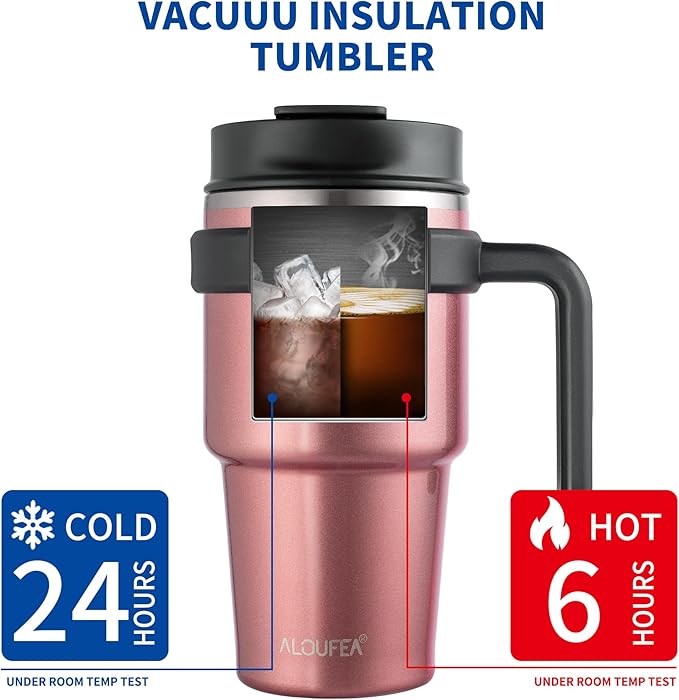 ALOUFEA 20 oz Insulated Coffee Mug Tumbler with Handle, Stainless Steel Travel Mug Tumbler with Lid and Straw,Double Wall Vacuum Leak Proof Ice Coffee Thermal Cup, Rose Gold