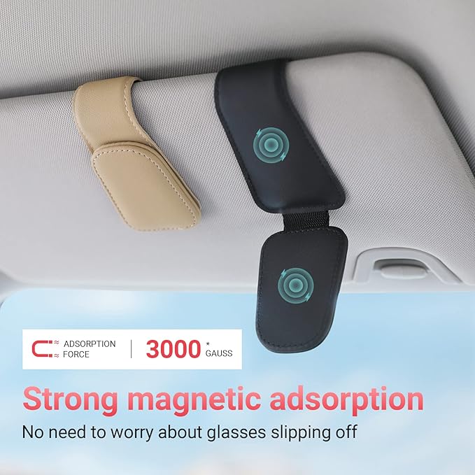 KanSmart Sunglass Holder for Car Visor Sunglasses Clip Magnetic Leather Glasses Eyeglass Holder Interior Car Accessories for Woman Man -2 Packs Black