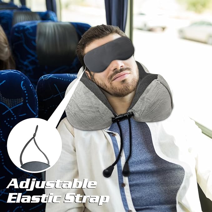 Travel Pillow 3-in-1 Memory Foam Ergonomic Neck Support Pillow for Airplanes with Ear Plugs & Eye Mask | Machine Washable Travel Pillow for Long Flights, Road Trips & Camping (grey+dark blue)