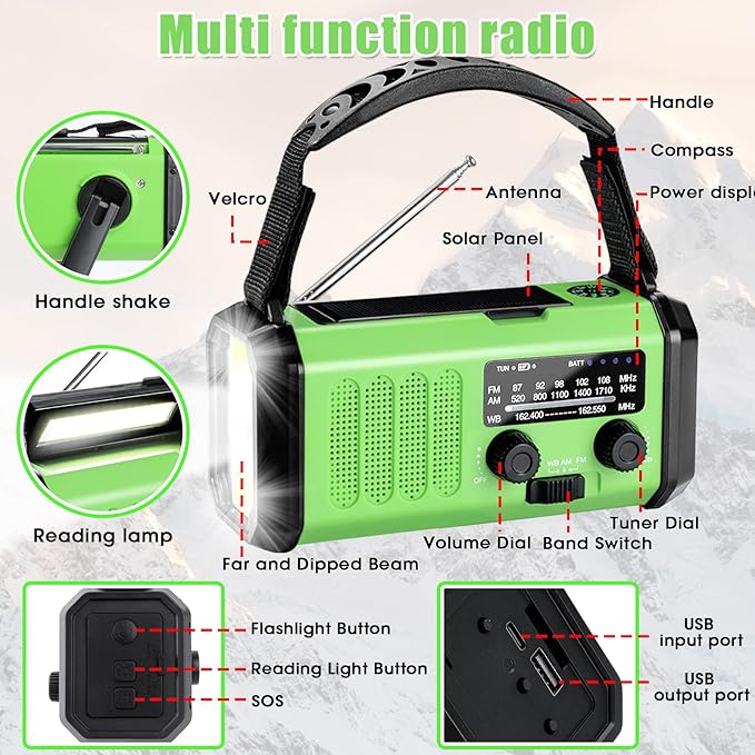 Hand Crank Emergency Radio, 10000mAh Solar Powered NOAA/AM/FM Weather Radio with Multi-Function LED Flashlight and Cell Phone Charger for Indoor/Outdoor Emergencies