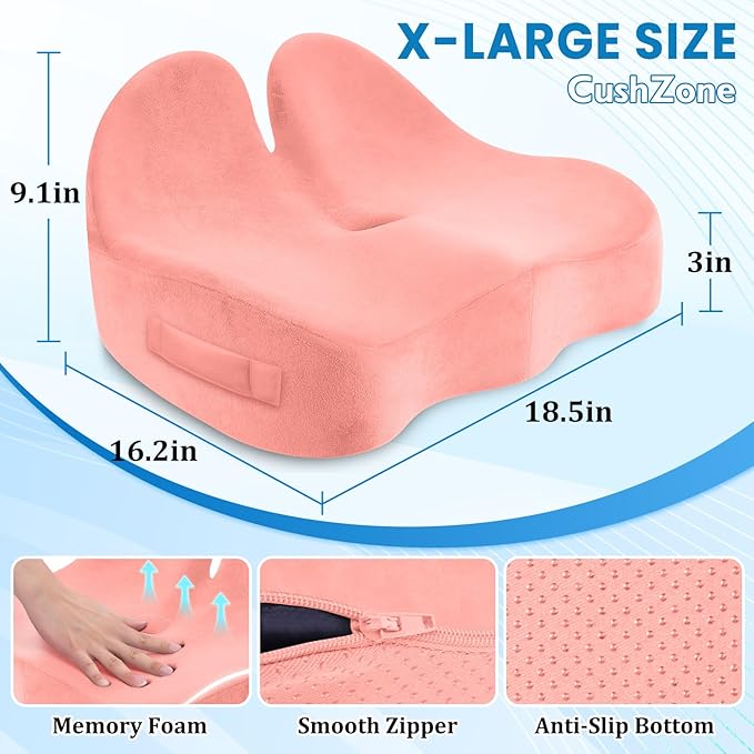 Seat Cushion, Memory Foam Office Chair Seat Cushion for Office Chairs/Car/Long Trip/Desk Chair/Gaming, X-Large Size for Sciatica & Hip & Tailbone Pain Relief, Sciatica Support (Pink)
