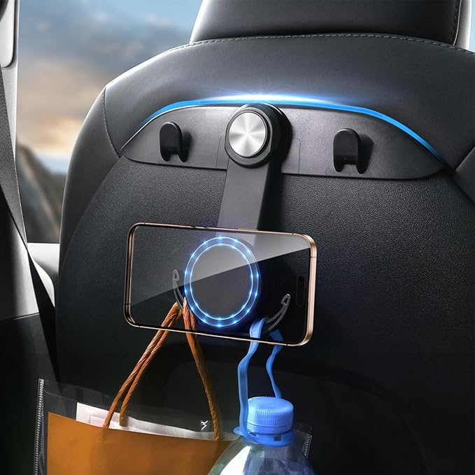 1 Pack Car Seat Hooks & Magnetic Phone Holder for Tesla Model Y(Juniper) Model 3(Highland) Accessories 2026 2025 2024 2023 2022 2021, Car Seat Back Storage Purse/Bag/Hat Hook for iPhone