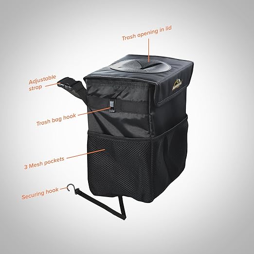 Armor All Car Trash Can & Organizer, 2.63 Gallon Waterproof Covered Garbage Bin, 3 Mesh Pockets, Collapsible for Easy Storage, Adjustable Strap & Hook for Backseat Hanging, 9.5” L x 6.25” D x 10.25” H