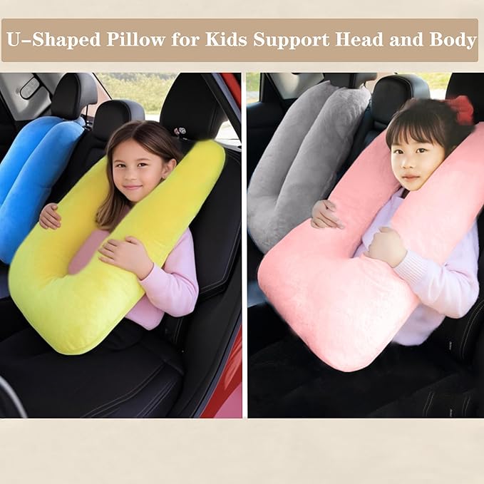 Kids Travel Pillow, Car Pillow with Lining, Neck and Head Support Cushion for Kids and Adults, Perfect for Long Distance Travel, Car Seats, Airplanes, and Road Trips (Pink)