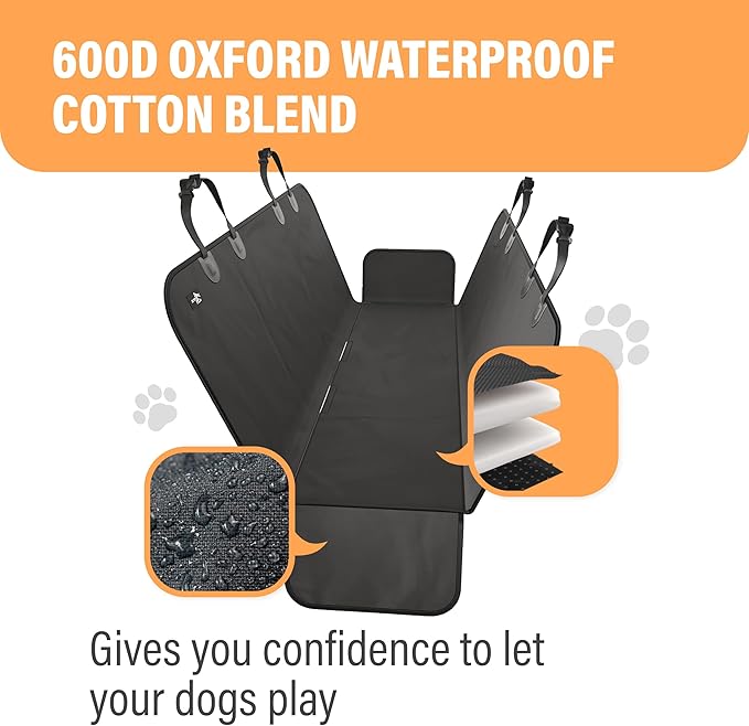 Active Pets Waterproof Hammock Standard Car Seat Cover, Fits Sedans Hatchbacks Crossovers Coupes Compact Vehicles, Secure Convertible Travel Bed Protects Backseat Cargo from Dogs, Black w/Black Trim