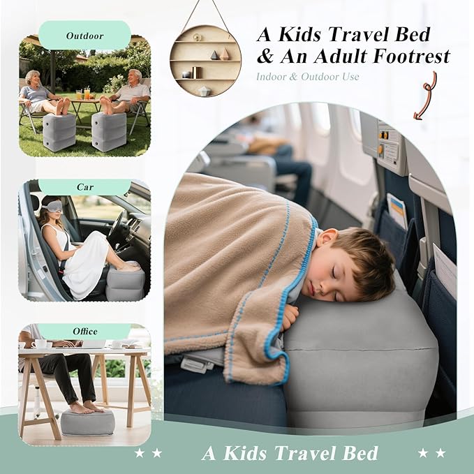 Inflatable Foot Rest Airplane Pillow - Adjustable 3 Layers Height Leg Rest Pillow,Kids Airplane Bed,Foot Rest Under Desk,Leak-Resistant Flight Cushion,Travel Essentials for Office,Home,Trains,Cars