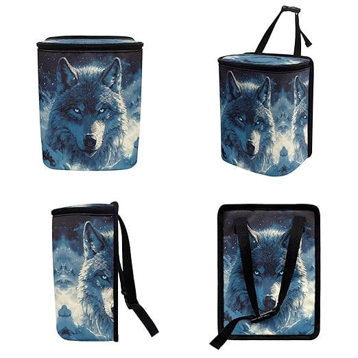 1.2 Gallons Car Organizers and Storage, Wolf Head Print Car Garbage Bin, Adjustable Hanging for Tail of Console/Back of Seats, Easy to Install, Odor-Free with Zipper Leak-Proof Design