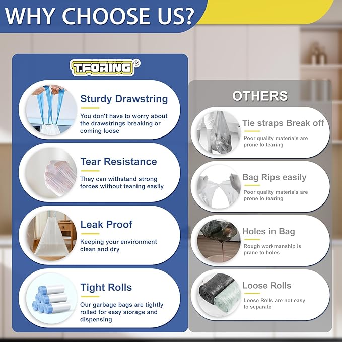 18 Gallon Trash Compactor Bags with Drawstring - 120 Count Heavy Duty 1.7 Mil Garbage Bags 68 Liter Tall Kitchen Bin Liners Unscented White for Home Yard Lawn