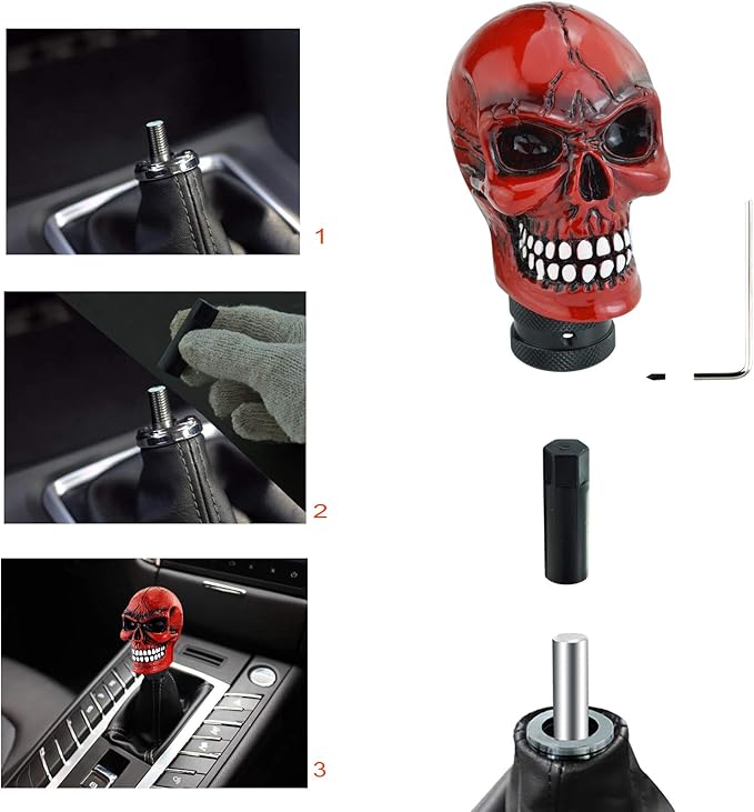Lunsom Skull Gear Shift Head Resin Shifter Knob Car Transmission Shifting Stick Handle Fit Automatic Manual Vehicle (Red B)