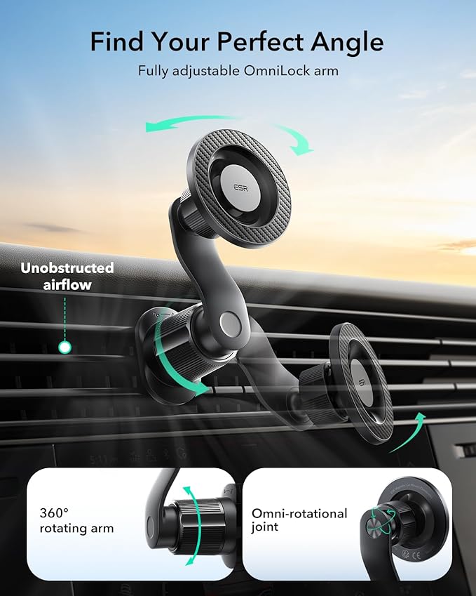 ESR OmniLock for MagSafe Car Mount, 360° Rotation, Car Phone Mount for Air Vent, Magnetic Phone Holder for iPhone 17/16/15/14/13/12, Google/Samsung/Android, All Smartphones(2 MagSafe Rings Included)