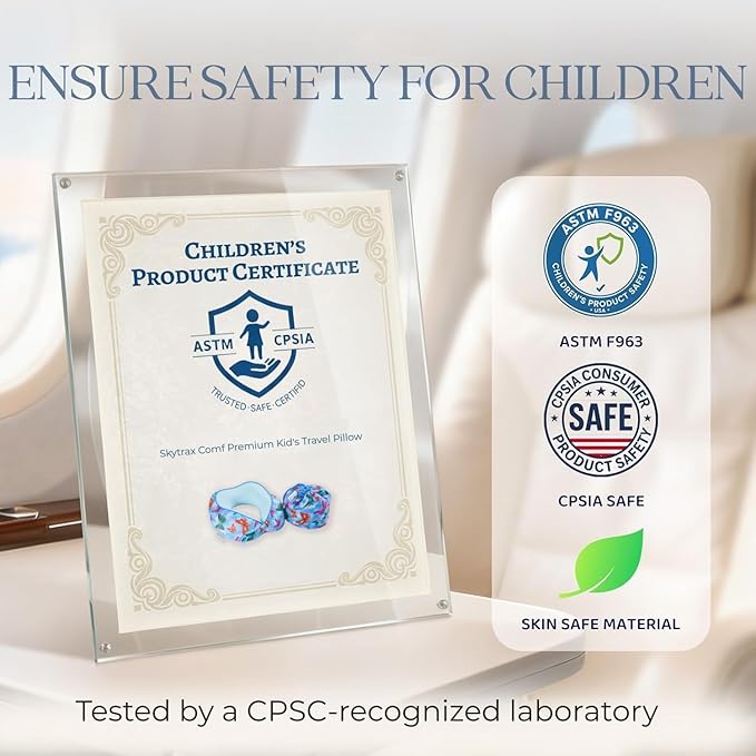 SKYTRAX® Certified Kids Safe Memory Foam Travel Neck Pillow for Kids and Toddlers, Cute Cartoon Design, Car Seat & Airplane Head Neck Support, Adjustable Snap Button, Washable Soft Cover (Butterfly)