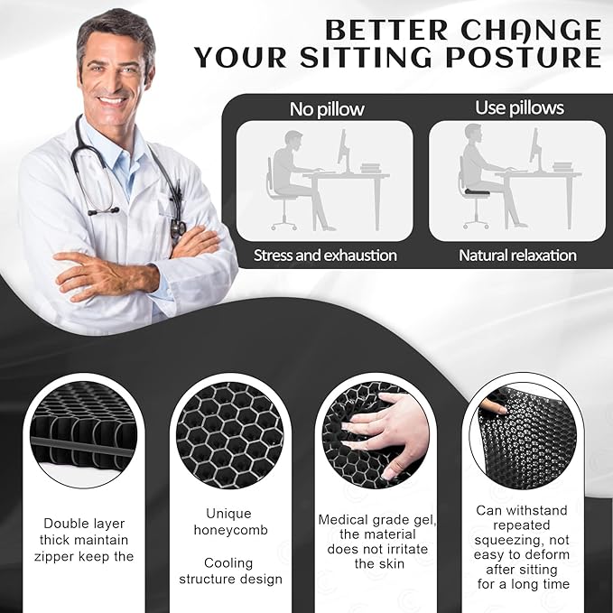 Gel Seat Cushion, for Long Sitting -Double Thick Gel Seat Cushion Breathable Honeycomb Chair Cushion with Non-Slip Cover for Office Chair Car, Wheelchair, Long Trips,Relief Sciatica Pain