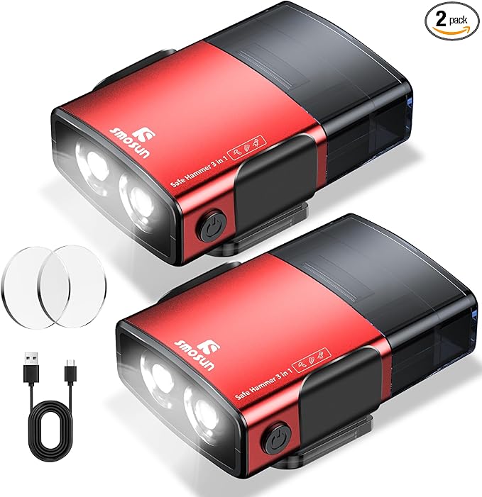 Upgraded Safe Hammer Glass Breaker Under Water, 3 in 1 Car Hammer Seatbelt Cutter Window Breaker Emergency Escape Tool, with Flashlight, Glass Breaker for New Cars (2 Pack Red)