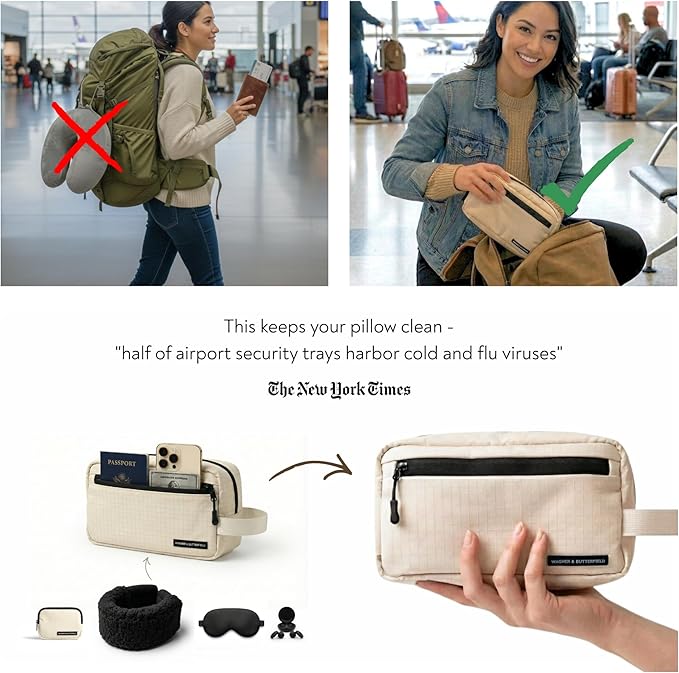 Slim Travel Neck Pillow for Long Flights, 360° Memory Foam Support Travel Neck Pillow with Premium Airplane Comfort Essentials 5pc Set, Best for Sleeping on Airplanes, Cars, Trains | Compact Bag