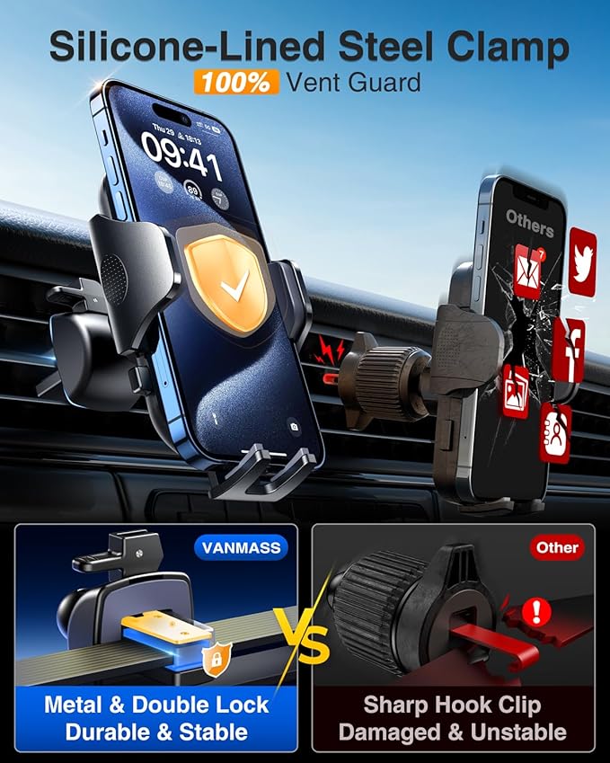 VANMASS 2026【Military-Grade】 Car Phone Mount Upgraded【Strongest Suction & Clip】 Cell Phone Holders for Your Car Dashboard Windshield Vent,Truck Stand for iPhone 17 Pro Max 16 15 14 13 Samsung Android