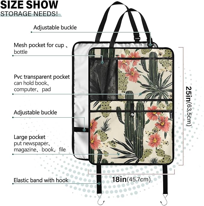 Retro Cactus Polynesia Flower 2 Pack Backseat Car Organizer with Storage Pockets Seat Back Organizers for Kids Kick Mats Backseat Protector Automotive