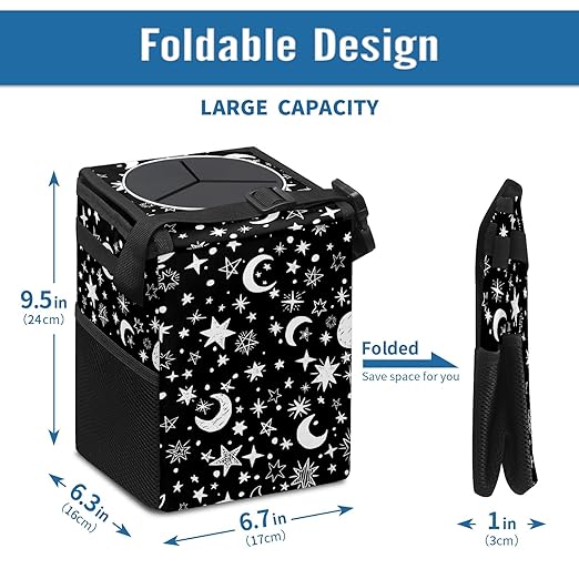 Gothic Black White Moon Stars Car Trash Can with Lid Collapsible Reusable Waterproof Car Garage Bag,Automotive Garbage Can,Car Accessories Interior Car Organizer