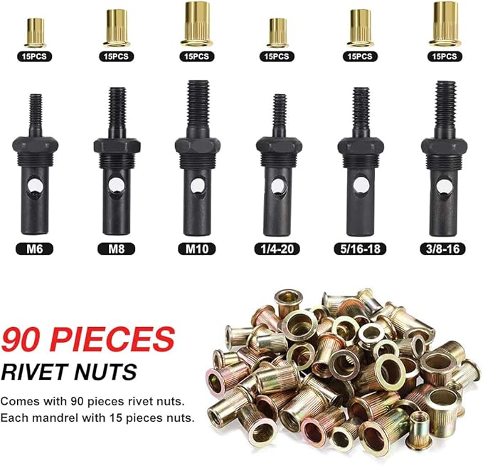 AOBEN 14" Rivet Nut Tool, Professional Hand Rivet Nut Setter Kit Labor-Saving and Compact Design Including 6 Interchangeable Mandrels 90pcs Rivnuts and 2 Mandrel Lock Pins