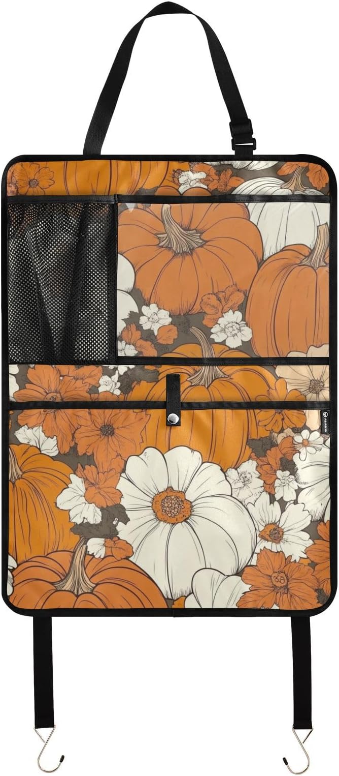 Thanksgiving Pumpkins Flowers Orange 2 Pack Backseat Car Organizer with Storage Pockets Seat Back Organizers for Kids Kick Mats Backseat Protector Automotive