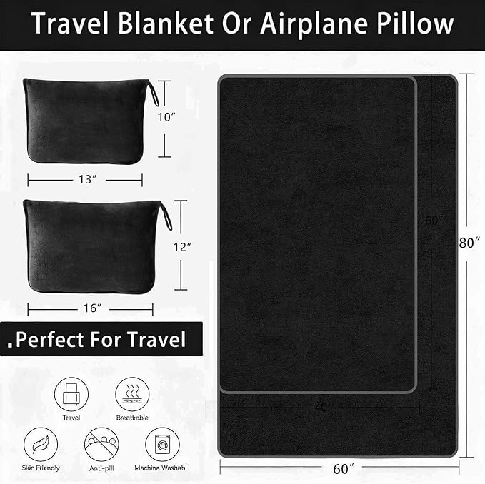 Travel Blanket Pillow, Soft Airplane Blanket 2-in-1, Travel Blanket Airplane Compact with Bag, Travel Essentials Accessories for Plane and Car,60x40 Black