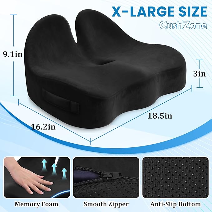 Seat Cushion, Memory Foam Office Chair Seat Cushion for Office Chairs/Car/Long Trip/Desk Chair/Gaming, X-Large Size for Sciatica & Hip & Tailbone Pain Relief, Sciatica Support (Black)