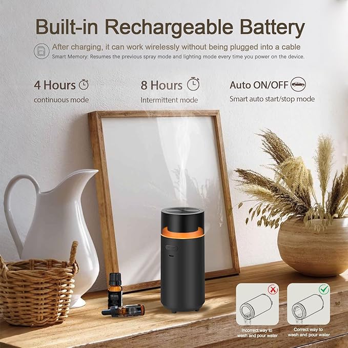 Essential Oil Smart Car Diffuser, 3000 mAH Rechargeable Battery, Cool Mist Aromatherapy Air Freshener Diffuser, Auto On/Off, 4/8 Hour Timing Mode, for Bedroom, Office, Travel (Black)