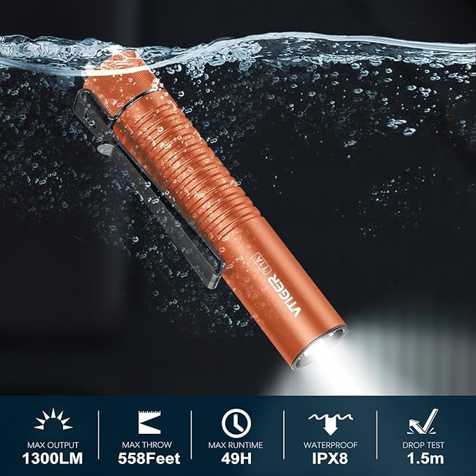 VTIGER T1A Mini Pocket EDC Flashlight with Clip,1300 Lumen Compact AA Rechargeable LED Little Flashlights, Super Bright Tail Switch Small Flash Light with Magnet for Camping,Hiking,Outdoor,Emergency