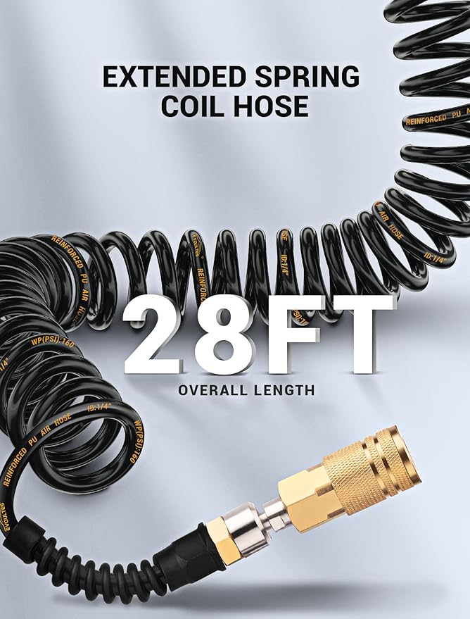 1/4 In x 28 Ft Polyurethane Recoil Air Hose, Upgraded Air Compressor Hose with Repairable Bend Restrictor, Air Hose kit w/ 360° Swivel 1/4" NPT Coupler & Brass Quick Connect Air Fittings
