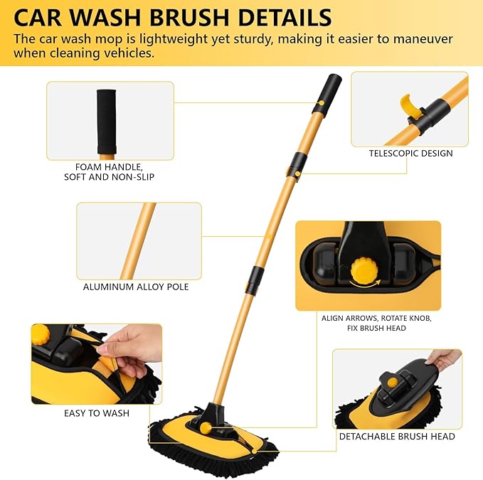 Car Wash Brush with Long Handle, 15°Curved Car Cleaning Brush with Replaceable Head Cover, Truck Washing Brushwith Telescopic Handle Wash Mop Kit 5PCS