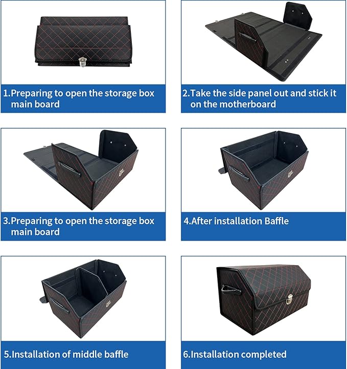 Trunk Organizer for Car With Lid,Foldable Trunk Organizer for SUVs & Sedans,Multi-Functional Leather Storage Box- Black Red Grid - Small