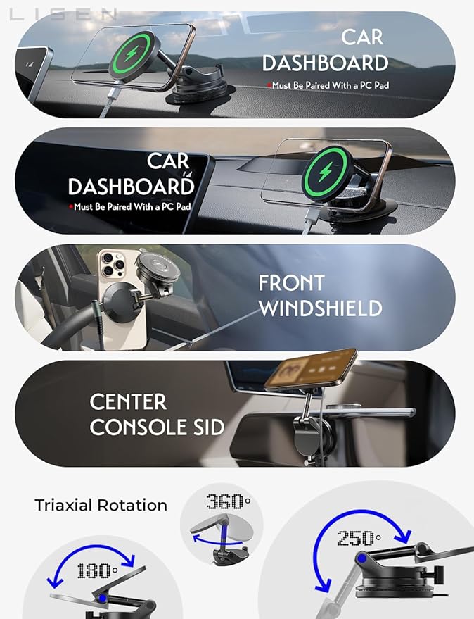 LISEN 15W Magsafe Car Mount Charger， [ SuctionPro ] 15W Wireless Car Charger, Suction Cup Phone Holder,360 Vacuum Magnetic Phone Holder for iPhone 17 Pro Max Air 17-12,Samsung S25 with MagSafe Case