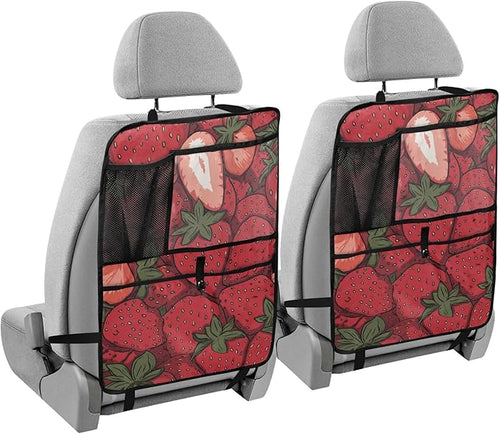 1 Pack Back Seat Car Organizer with Storage Pockets Kick Mats Back Seat Protector Hanging Car Organizer Automotive Seat Back Cover Organizers Cartoon Red Strawberry