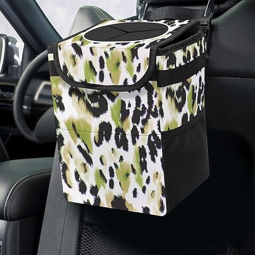 Leopard Print Car Trash Can with Lid - Collapsible Reusable Waterproof Garage Bag,Automotive Garbage Can,Car Accessories Interior Organizer