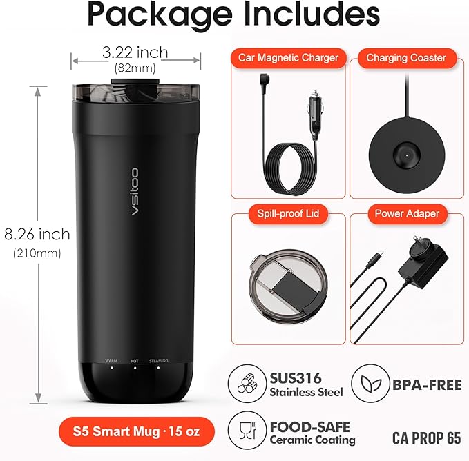 VSITOO S5 heated travel mug,16oz, Auto-Sensing AI Heats Drinks To 120-150°F Hands-Free. Temperature Control for All Cars, Perfect for Home/Office/Travel/Outdoor, Ideal Gift for Coffee Lovers - Black