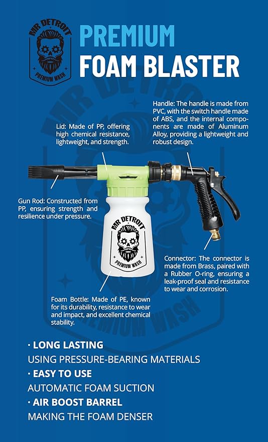 Mr. Detroit - 4pc Car Wash Kit with Foam Blaster, 64oz Car Wash Soap, Double Noodle Wash Mitt, Drying Towel, Scratch-free Wash Gun Foam Cannon Streak-Free Exterior Cleaner for Auto Cleaning & Home Use