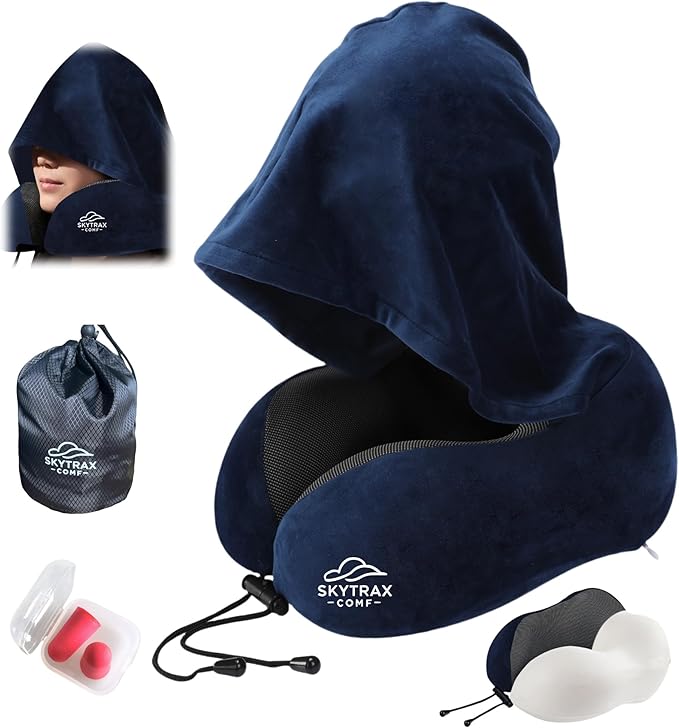 Travel Pillow with Extra Large Hood for Airplane Long Flights Privacy and Comfort Memory Foam with Velvet Cover for Road Trip Head&Neck Support for Plane Office Cars Sleeping & Rest (Navy Blue)