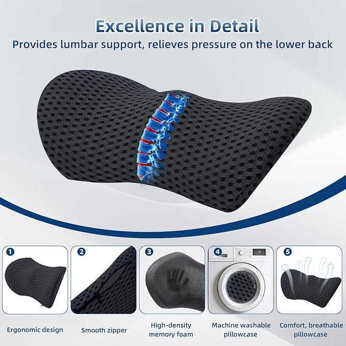 Lumbar Pillow, 2 Pack Memory Foam Lumbar Support Pillow for Office Chair and Car Seat, Ergonomic Streamline Back Pillow for Lower Back Pain Relief, Back Support Pillow for Sitting, Driving, Traveling