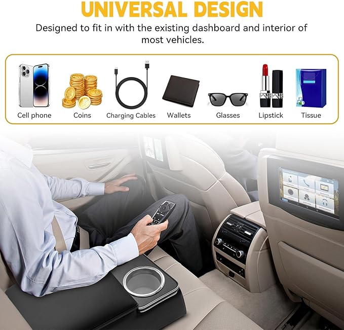 Universal Truck Seat Organizer, Black Storage Box with 2 Cup Holders, Armrest & Padded Lid for Car Organization - Fits SUV & Pickup