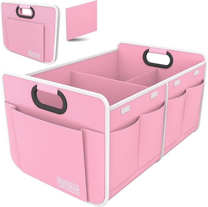 Homeve Car Trunk Organizer, Car Storage, Reinforced Handles, Collapsible Multi-Compartment Car Organizers (Pink, 2 Compart)